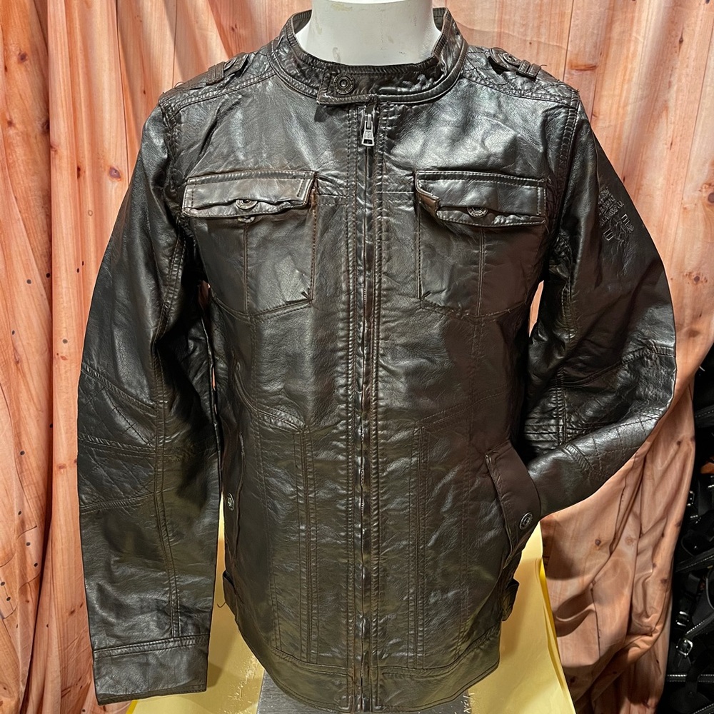 Dark brown Faux Leather Buckle jacket for Men.